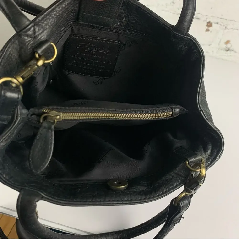 Fossil Black Pebbled Leather Mini Satchel Flap Handbag Crossbody Purse